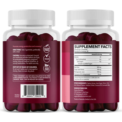 Beet Root Gummies with COQ10 & Pomegranate - Nitric Oxide Supplement for Men and Women - Beetroot for Endurance, Performance, Recovery - Vegan, Non-GMO, Gluten Free - PrimeBioHealth - canada supplements