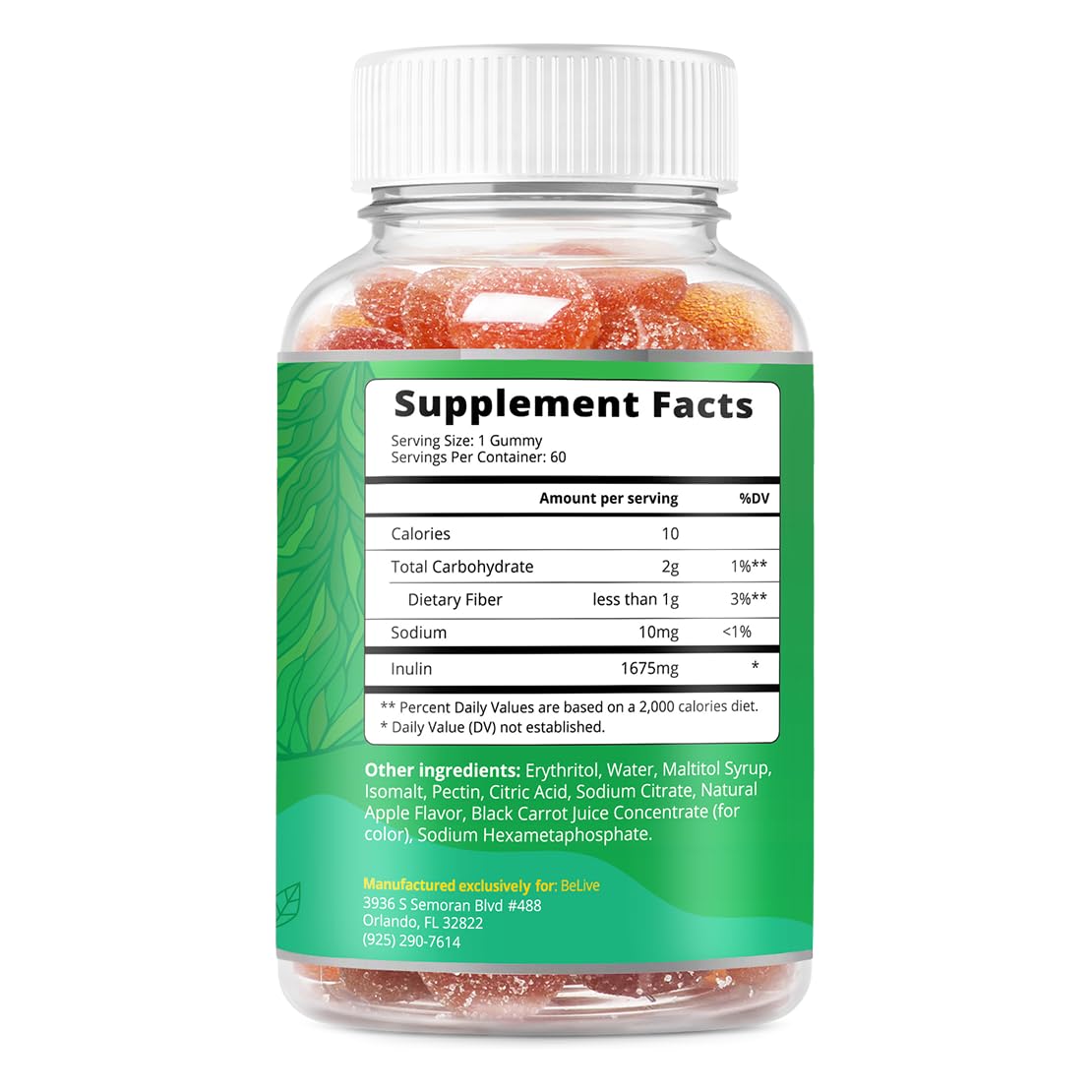 BeLive Fiber Gummies - Sugar Free Prebiotic Digestive Health and Regularity Supplement - Chicory Root & Inulin - PrimeBioHealth - canada supplements