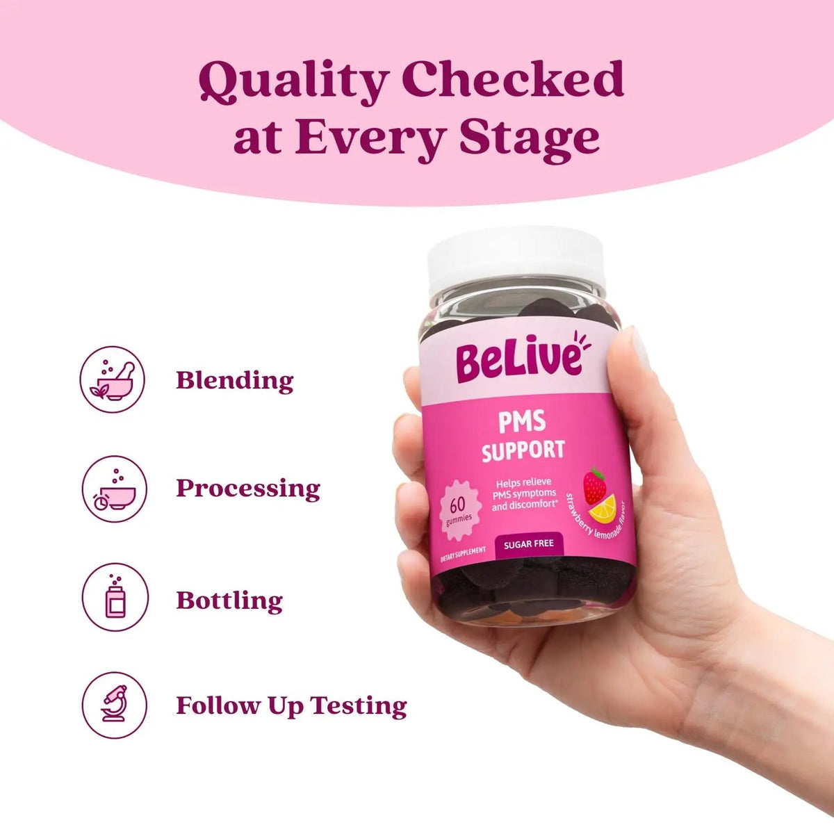BeLive PMS Support Gummies Supplement – Helps Relieve PMS Symptoms – Hormonal Balance Mood Swings & Cramps Relief, Bloating Support – with Chaste Tree Extract - Strawberry Lemonade Flavor – 60 Count - PrimeBioHealth - canada supplements