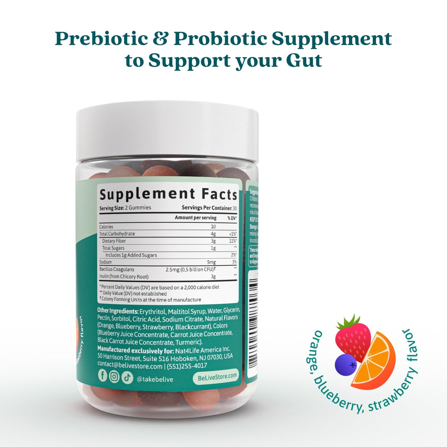 BeLive Synbiotics - Probiotic & Prebiotic Fiber Gummies – High Strength Inulin (3g), Dietary Fiber Supplement, Digestive Support for Kids & Adults - PrimeBioHealth - canada supplements