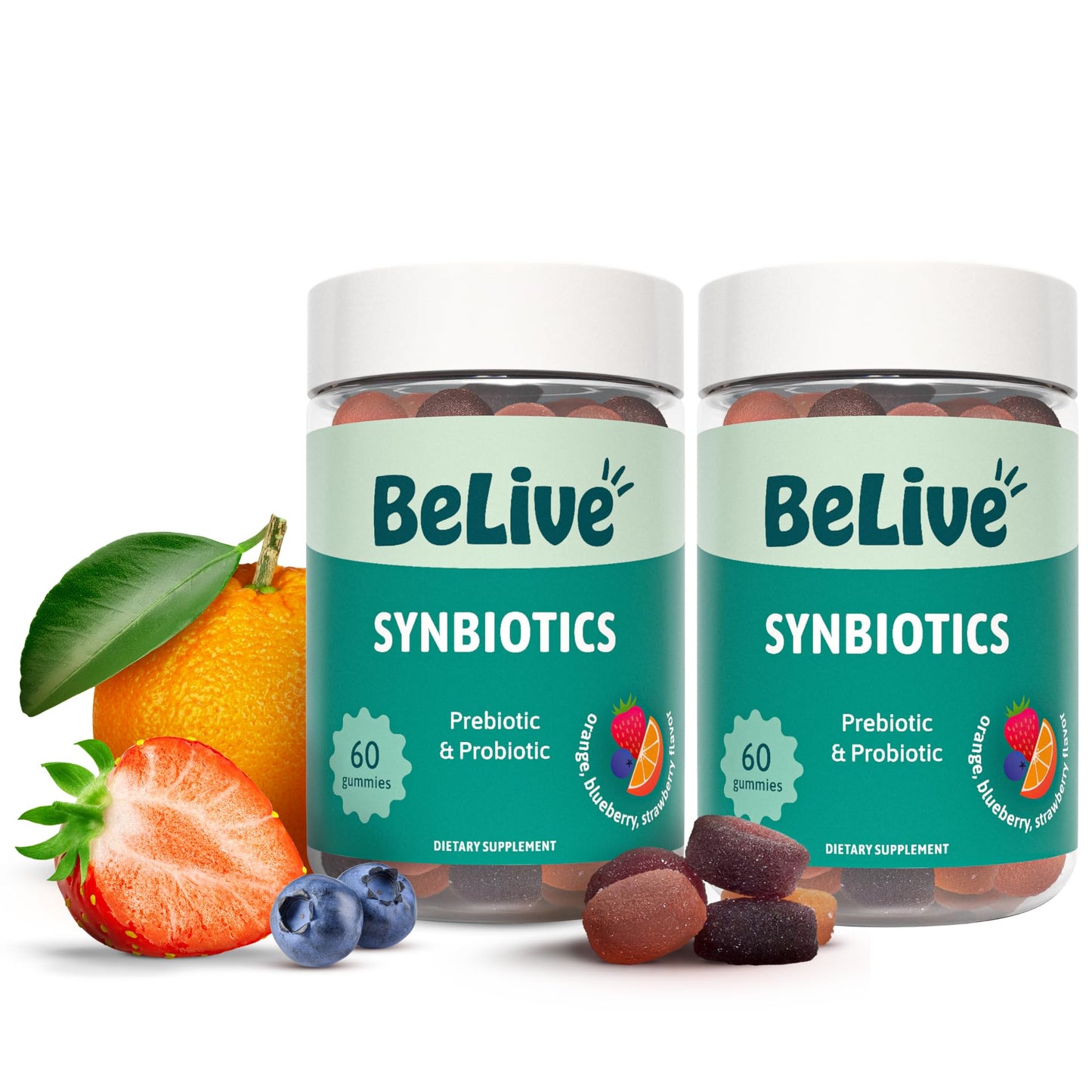 BeLive Synbiotics - Probiotic & Prebiotic Fiber Gummies – High Strength Inulin (3g), Dietary Fiber Supplement, Digestive Support for Kids & Adults - Strawberry, Orange, - PrimeBioHealth - canada supplements