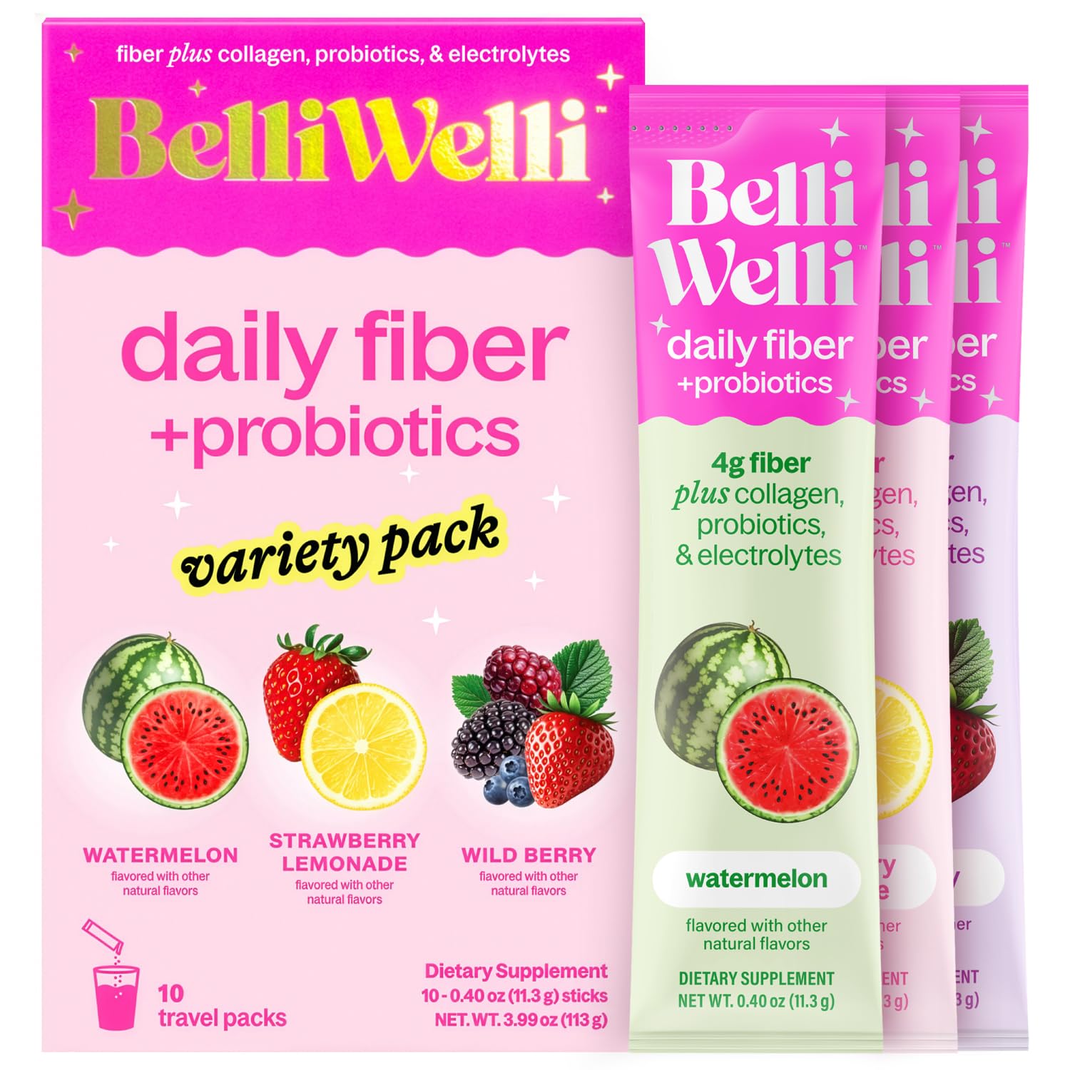 Belli Welli Daily Fiber Supplement Packets with Collagen, Probiotics & Electrolytes | Single Serve Packets for Gut Health - PrimeBioHealth - canada supplements