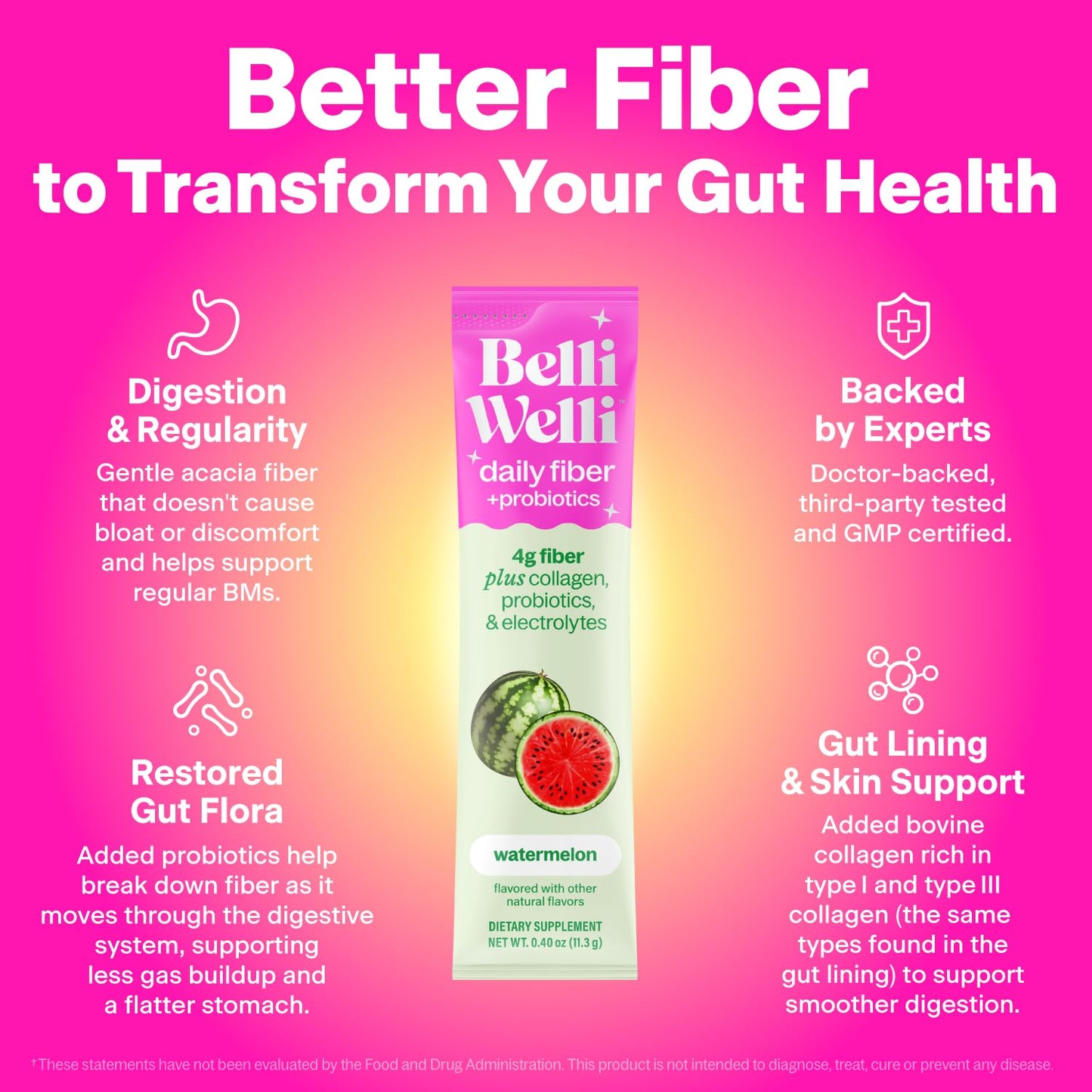Belli Welli Daily Fiber Supplement Packets with Collagen, Probiotics & Electrolytes | Single Serve Packets for Gut Health - PrimeBioHealth - canada supplements