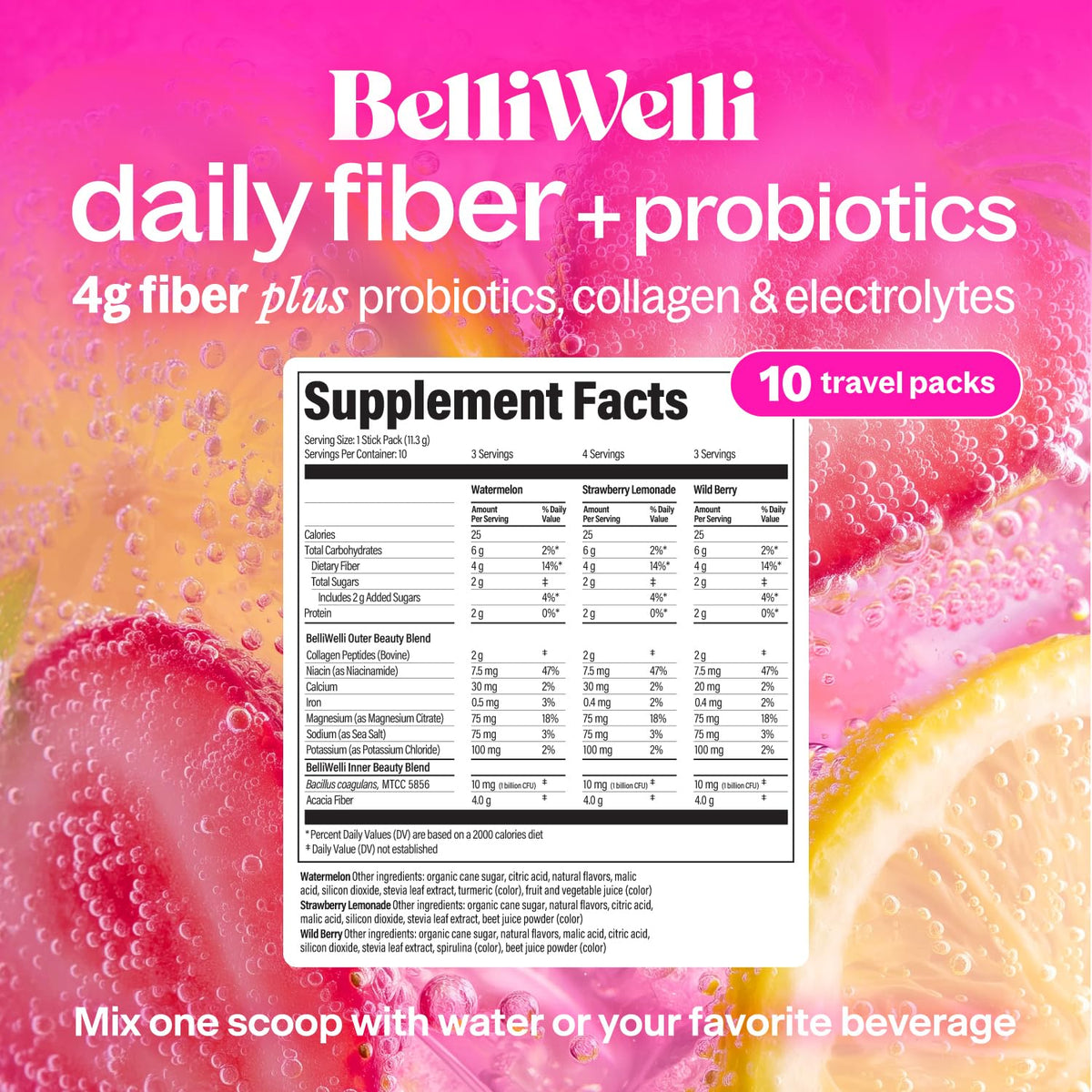 Belli Welli Daily Fiber Supplement Packets with Collagen, Probiotics & Electrolytes | Single Serve Packets for Gut Health - PrimeBioHealth - canada supplements