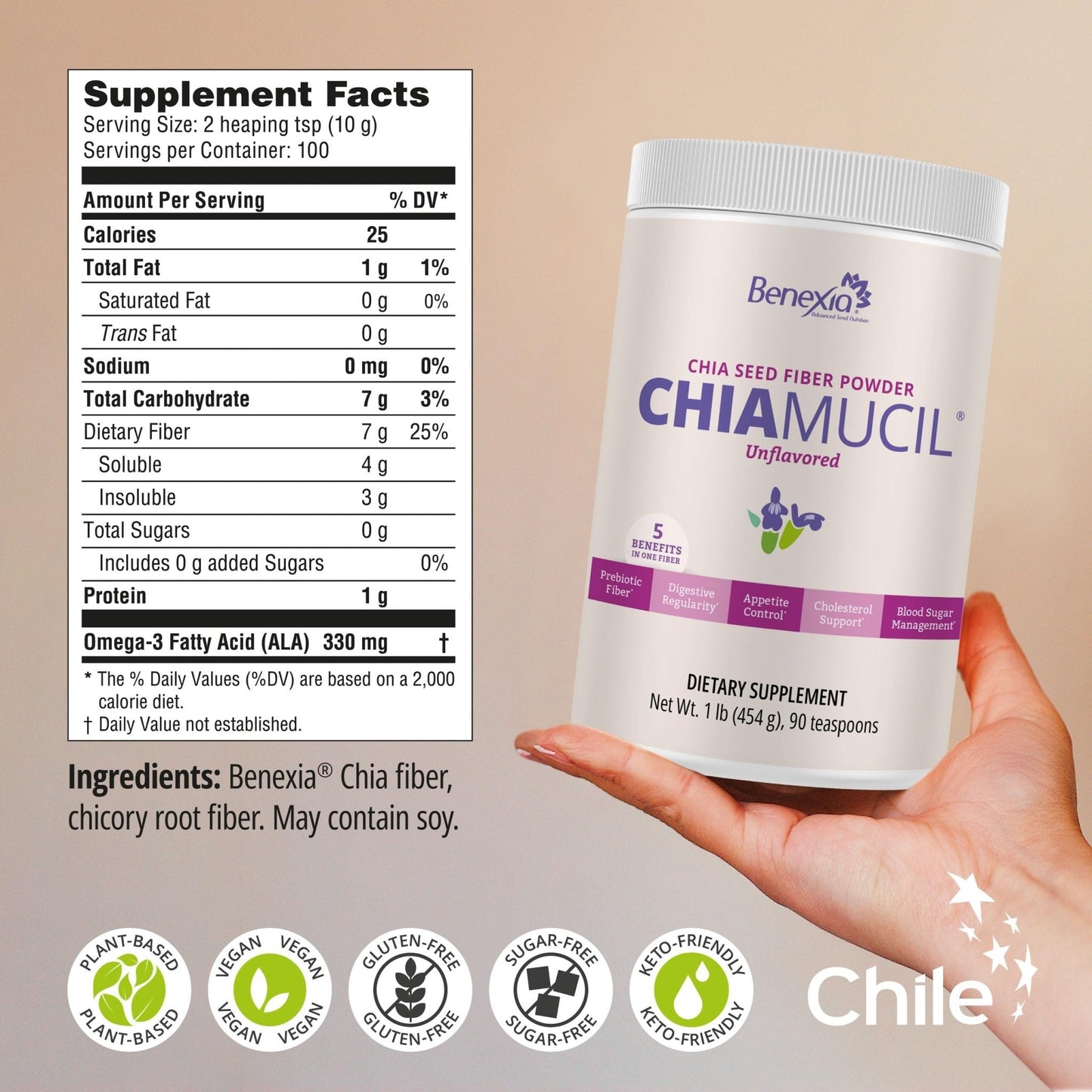 BENEXIA Chiamucil Prebiotic Chia Fiber Supplement Powder – for Appetite Control & Digestive Health – Chia Fiber & Chicory Root (Inulin) – Gluten & Sugar Free, Vegan - PrimeBioHealth - canada supplements