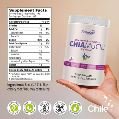 BENEXIA Chiamucil Prebiotic Chia Fiber Supplement Powder – for Appetite Control & Digestive Health – Chia Fiber & Chicory Root (Inulin) – Gluten & Sugar Free, Vegan - PrimeBioHealth - canada supplements