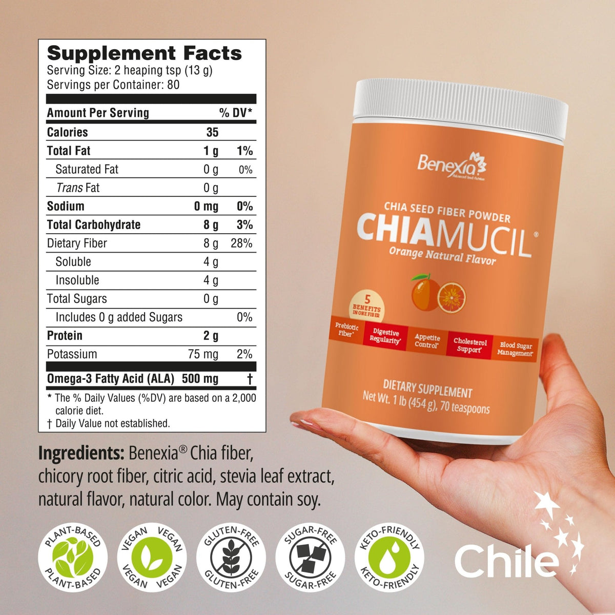 BENEXIA Chiamucil Prebiotic Fiber Supplement Powder – Chia Fiber & Chicory Root (Inulin) for Digestive Health & Appetite Control – Gluten & Sugar Free - PrimeBioHealth - canada supplements