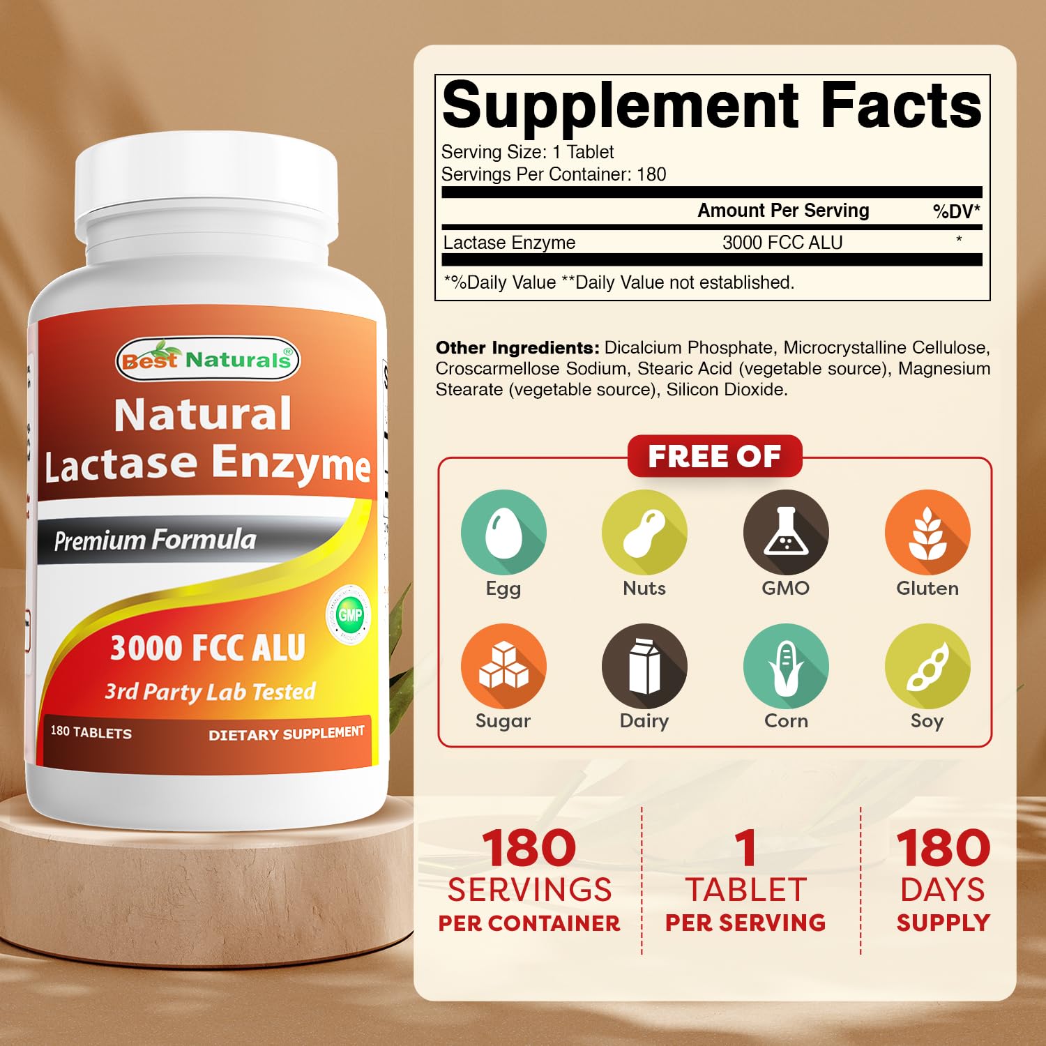 Best Naturals Fast Acting Lactase Enzyme Tablet, 3000 Fcc Alu, 180 Count - PrimeBioHealth - canada supplements