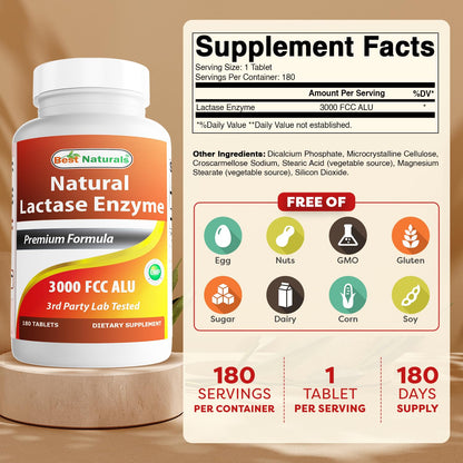 Best Naturals Fast Acting Lactase Enzyme Tablet, 3000 Fcc Alu, 180 Count - PrimeBioHealth - canada supplements