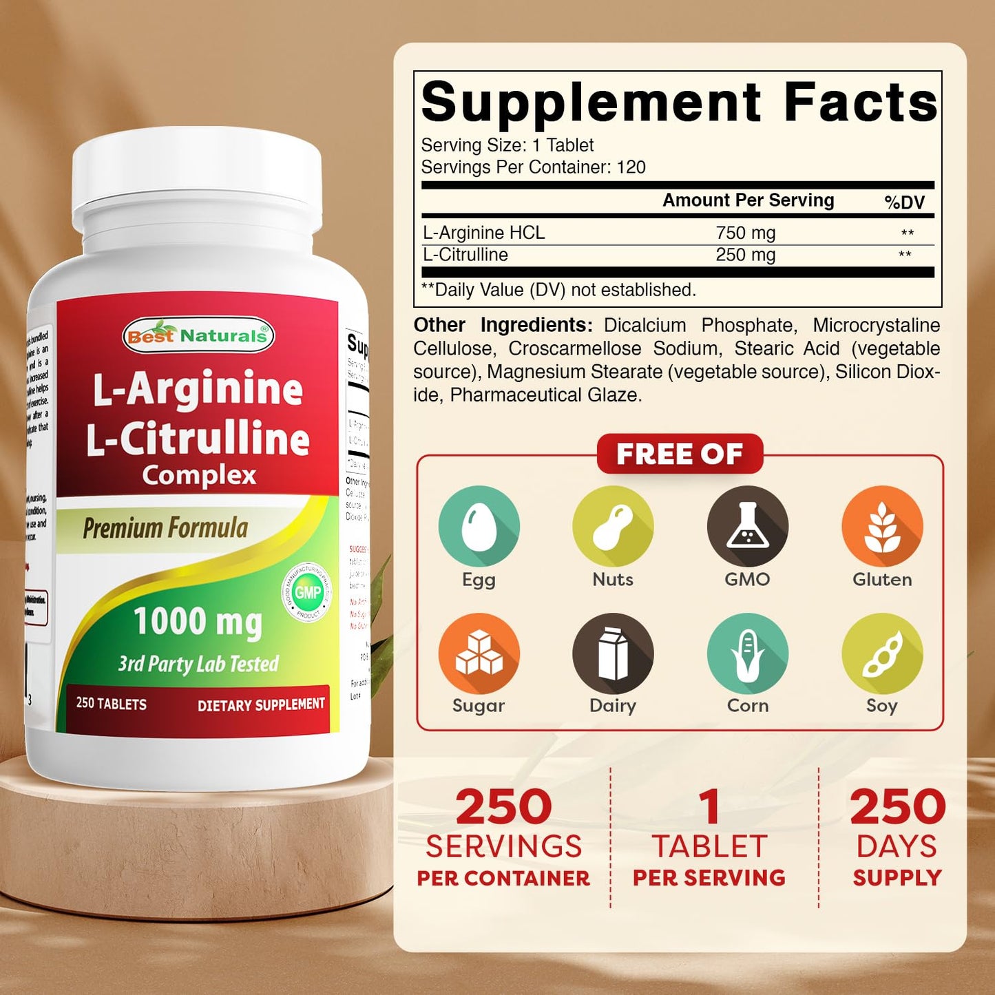 Best Naturals L-Arginine L-Citruline Complex Tablets, 250 Count - PrimeBioHealth - canada supplements