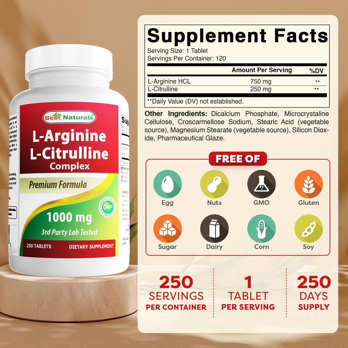 Best Naturals L-Arginine L-Citruline Complex Tablets, 250 Count - PrimeBioHealth - canada supplements