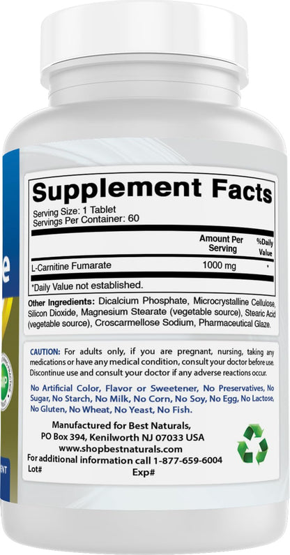 Best Naturals L-Carnitine 1000mg 60 Tablets (60 Count (Pack of 1)) - PrimeBioHealth - canada supplements