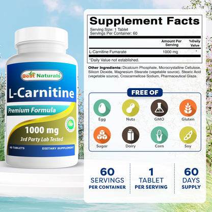 Best Naturals L-Carnitine 1000mg 60 Tablets (60 Count (Pack of 1)) - PrimeBioHealth - canada supplements