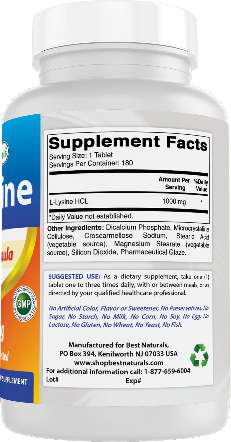 Best Naturals L-Lysine 1000mg 180 Tablets - Double Strength Lysine for stronger immune health & cold sores - PrimeBioHealth - canada supplements