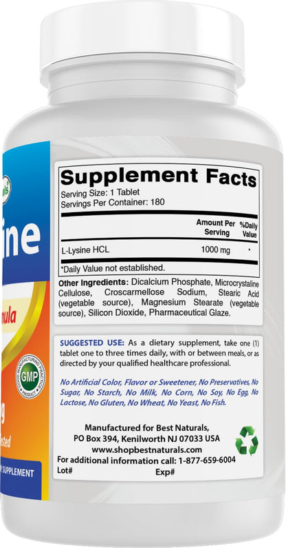 Best Naturals L-Lysine 1000mg 180 Tablets - Double Strength Lysine for stronger immune health & cold sores - PrimeBioHealth - canada supplements