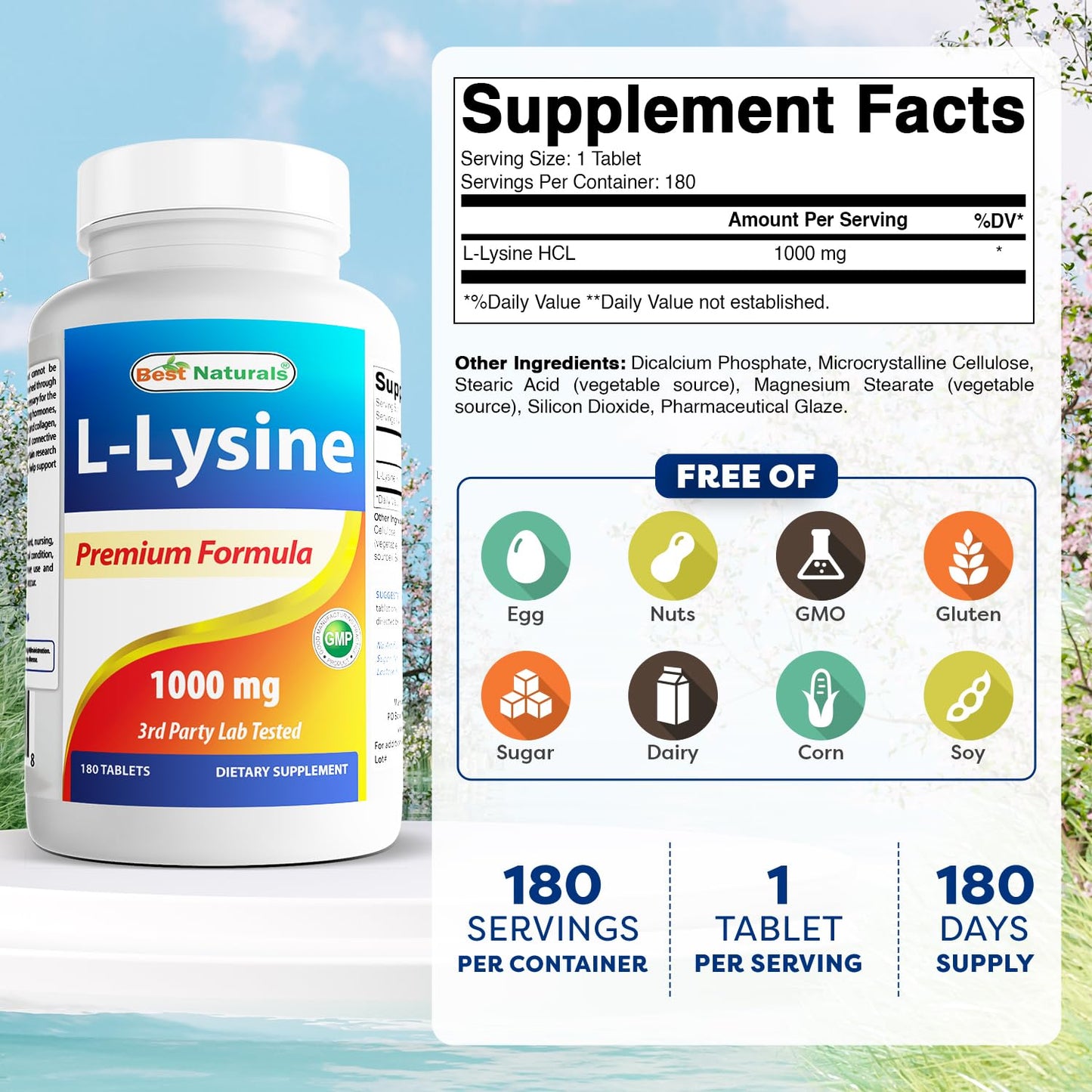 Best Naturals L-Lysine 1000mg 180 Tablets - Double Strength Lysine for stronger immune health & cold sores - PrimeBioHealth - canada supplements