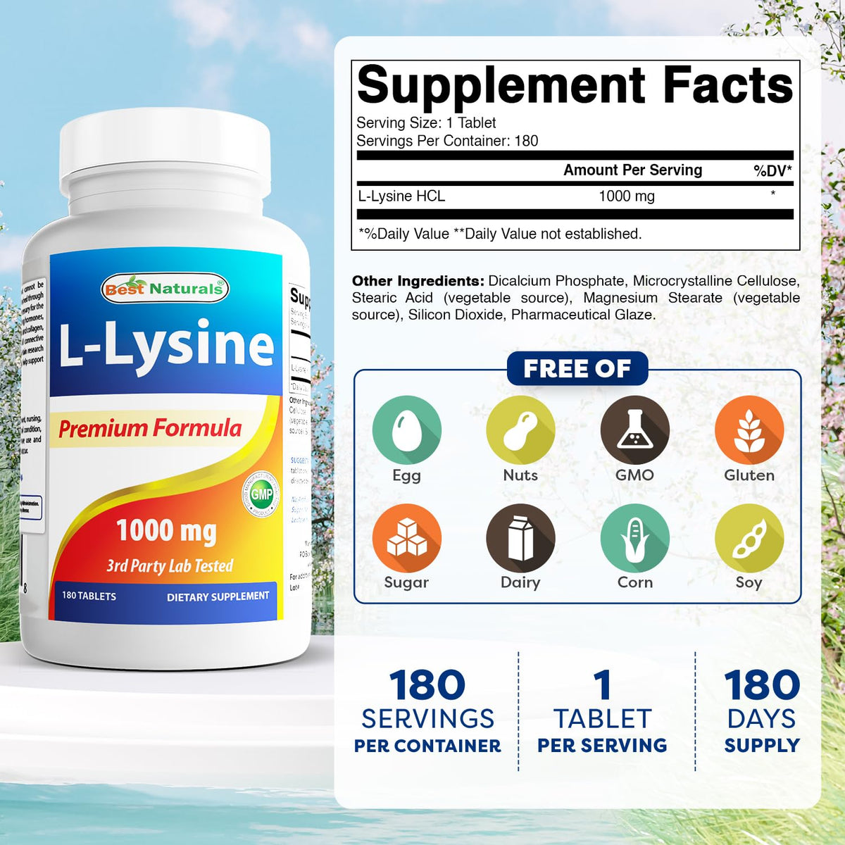 Best Naturals L-Lysine 1000mg 180 Tablets - Double Strength Lysine for stronger immune health & cold sores - PrimeBioHealth - canada supplements
