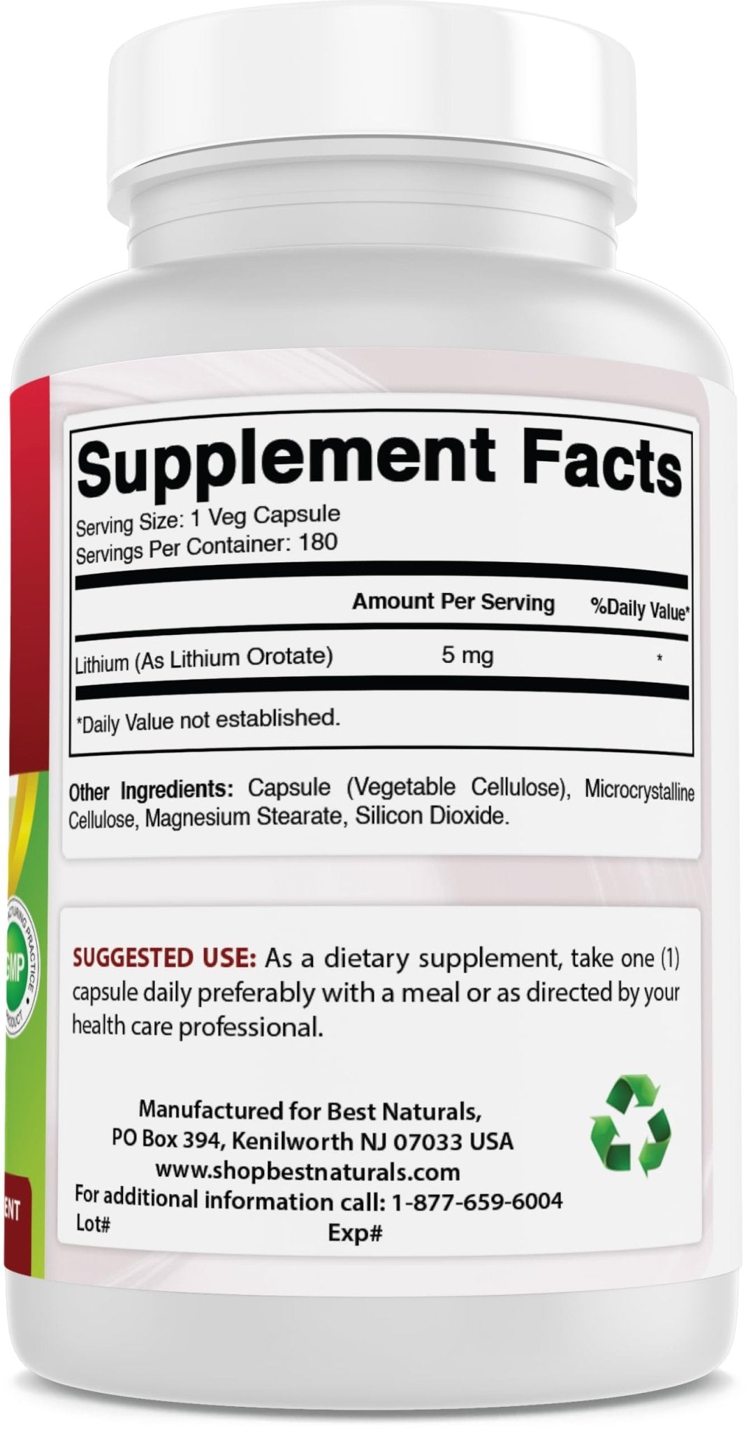 Best Naturals Lithium Orotate 5 mg 180 Capsules - Non GMO - Gluten Free - PrimeBioHealth - canada supplements