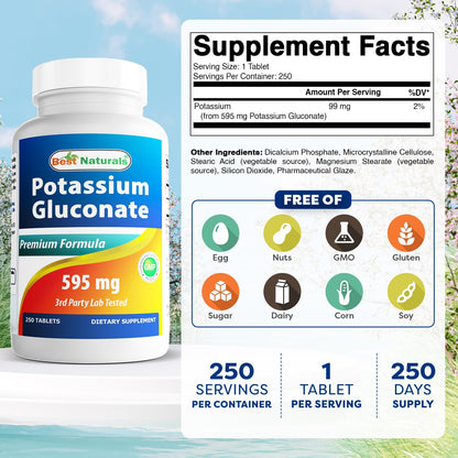 Best Naturals Potassium Gluconate Supplement 595 Mg Tablet, 250Count - PrimeBioHealth - canada supplements