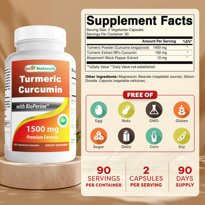 Best Naturals Turmeric Curcumin 1500mg/Serving with Bioperine - 180 Veggie Capsules - PrimeBioHealth - canada supplements