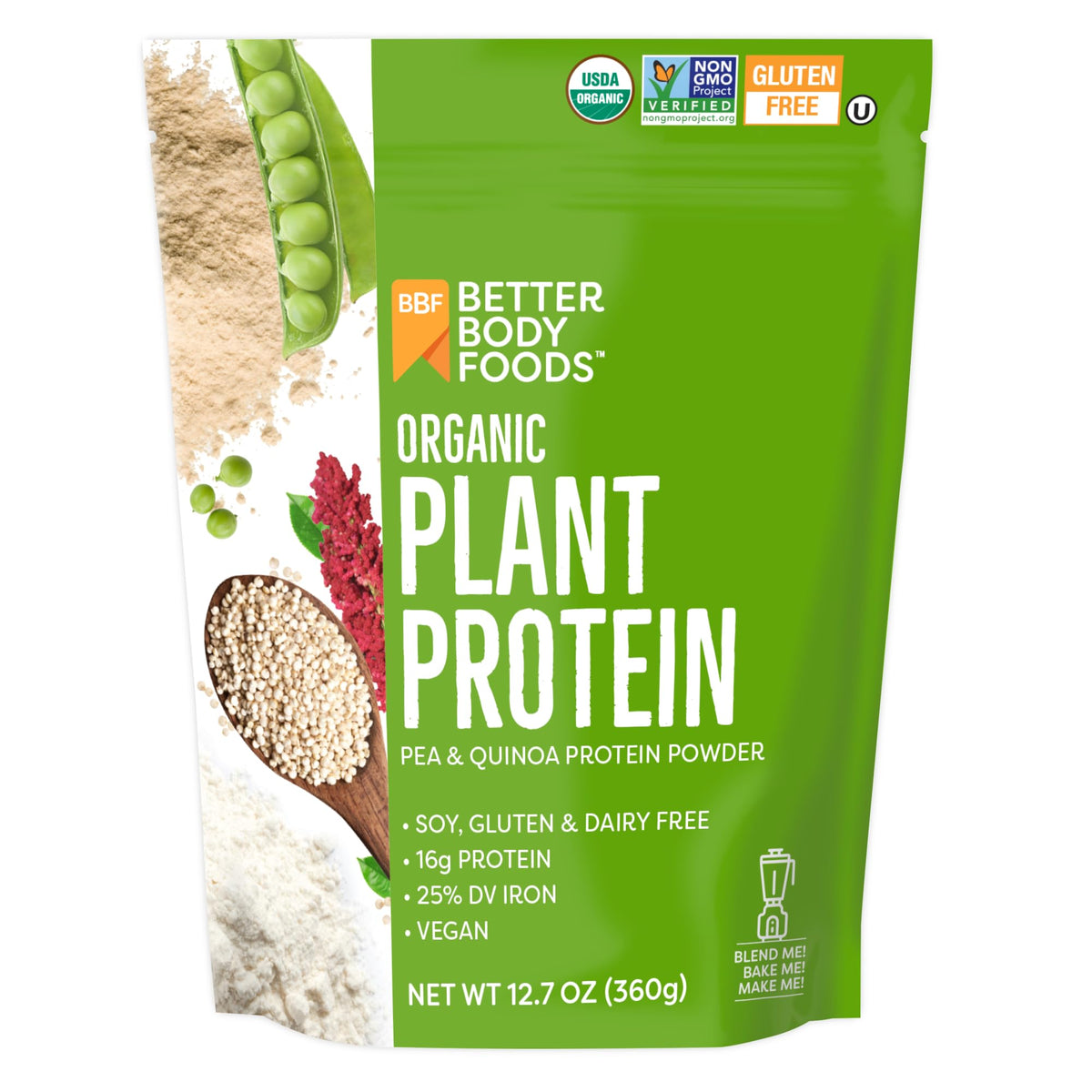 BetterBody Foods Organic Plant Based Protein Powder, 16g of Protein 24% DV, Vegan, Low Net Carbs, Gluten Free, Dairy Free, No Sugar Added, Soy Free, Non-GMO, 12.7 Ounces - PrimeBioHealth - canada supplements