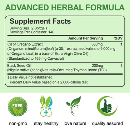 BEWORD Oil of Oregano with Black Seed Oil, 280 Softgels, 9000mg Per Serving – 2-in-1 Oregano Supplement for Immune Health with High Carvacrol & Thymoquinone | Plant-Based, Non-GMO - PrimeBioHealth - canada supplements