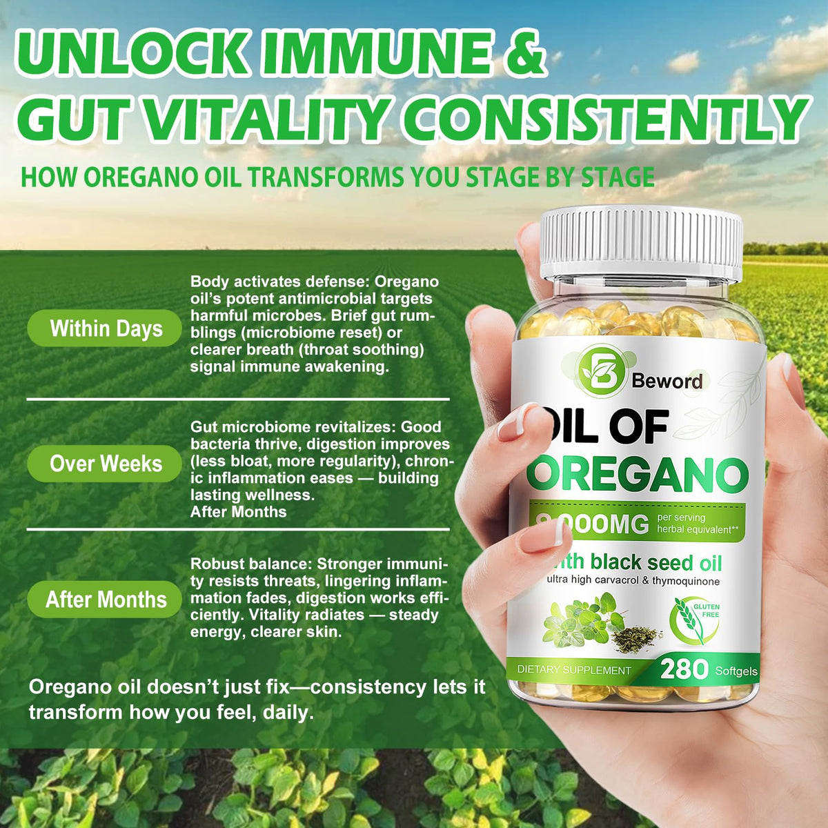 BEWORD Oil of Oregano with Black Seed Oil, 280 Softgels, 9000mg Per Serving – 2-in-1 Oregano Supplement for Immune Health with High Carvacrol & Thymoquinone | Plant-Based, Non-GMO - PrimeBioHealth - canada supplements