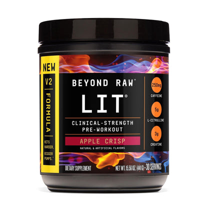 BEYOND RAW LIT V2 Clinical Strength Pre Workout Powder, Hits Harder, Bigger Pumps, Caffeine, L-Citrulline, Creatine, Apple Crisp, 30 Servings - PrimeBioHealth - canada supplements