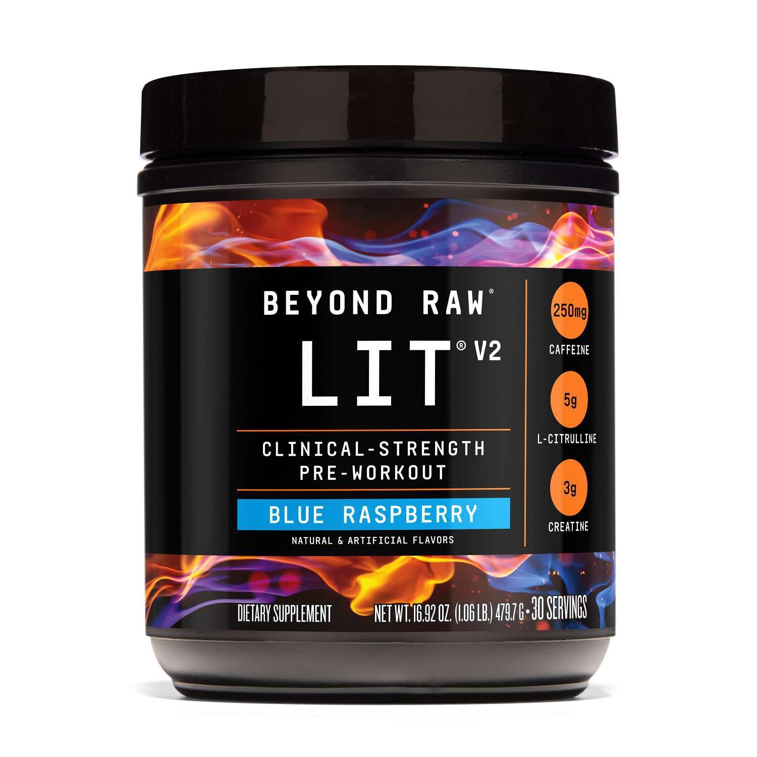 BEYOND RAW LIT V2 Clinical Strength Pre Workout Powder, Hits Harder, Bigger Pumps, Caffeine, L-Citrulline, Creatine, Blue Raspberry, 30 Servings - PrimeBioHealth - canada supplements