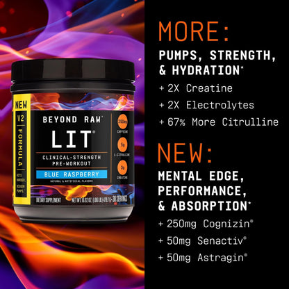 BEYOND RAW LIT V2 Clinical Strength Pre Workout Powder, Hits Harder, Bigger Pumps, Caffeine, L-Citrulline, Creatine, Blue Raspberry, 30 Servings - PrimeBioHealth - canada supplements