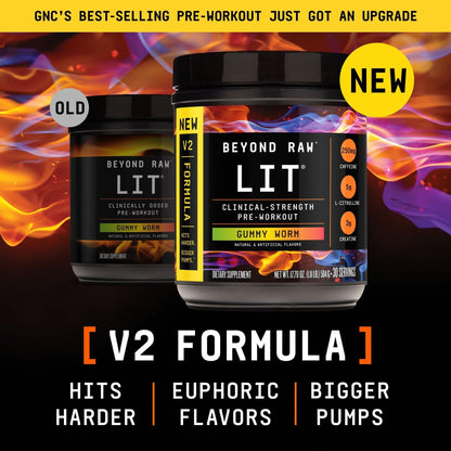 BEYOND RAW LIT V2 Clinical Strength Pre Workout Powder, Hits Harder, Bigger Pumps, Caffeine, L-Citrulline, Creatine, Gummy Worm, 30 Servings - PrimeBioHealth - canada supplements