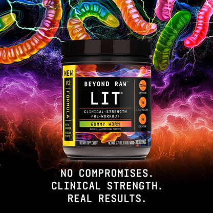 BEYOND RAW LIT V2 Clinical Strength Pre Workout Powder, Hits Harder, Bigger Pumps, Caffeine, L-Citrulline, Creatine, Gummy Worm, 30 Servings - PrimeBioHealth - canada supplements