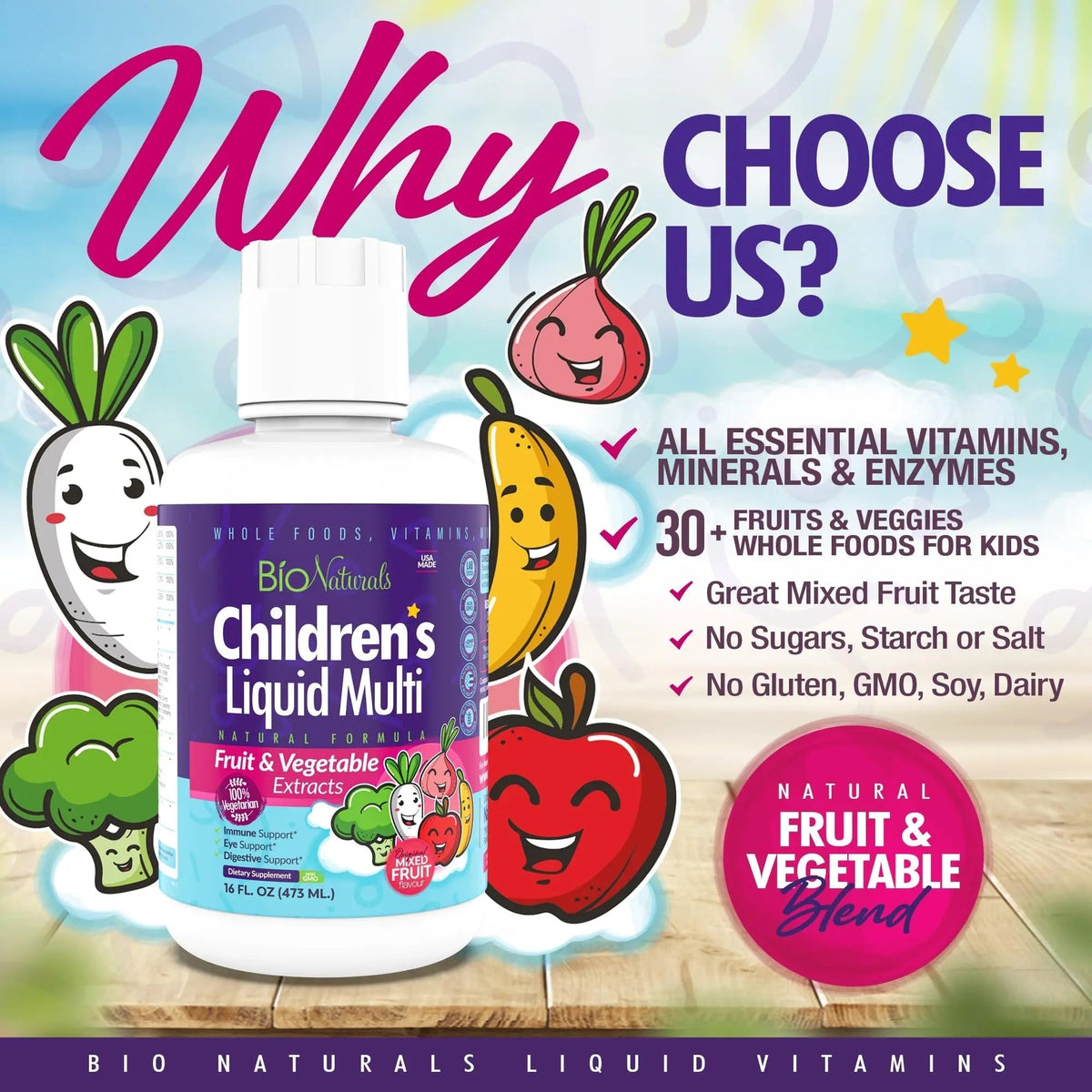 Bio Naturals Children's Liquid Multivitamin & Immune Booster - Natural Supplement for Kids & Toddlers with Vitamins A B C D3 E, Fiber - PrimeBioHealth - canada supplements