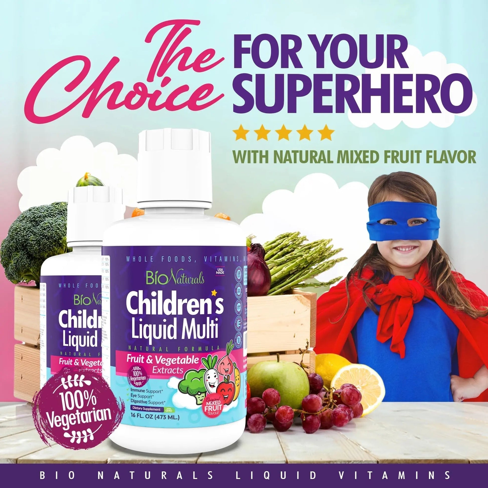 Bio Naturals Children's Liquid Multivitamin & Immune Booster - Natural Supplement for Kids & Toddlers with Vitamins A B C D3 E, Fiber - PrimeBioHealth - canada supplements