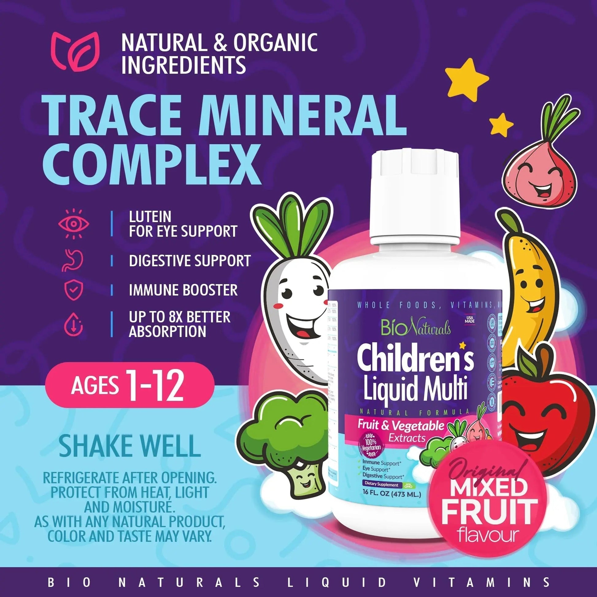 Bio Naturals Children's Liquid Multivitamin & Immune Booster - Natural Supplement for Kids & Toddlers with Vitamins A B C D3 E, Fiber - PrimeBioHealth - canada supplements