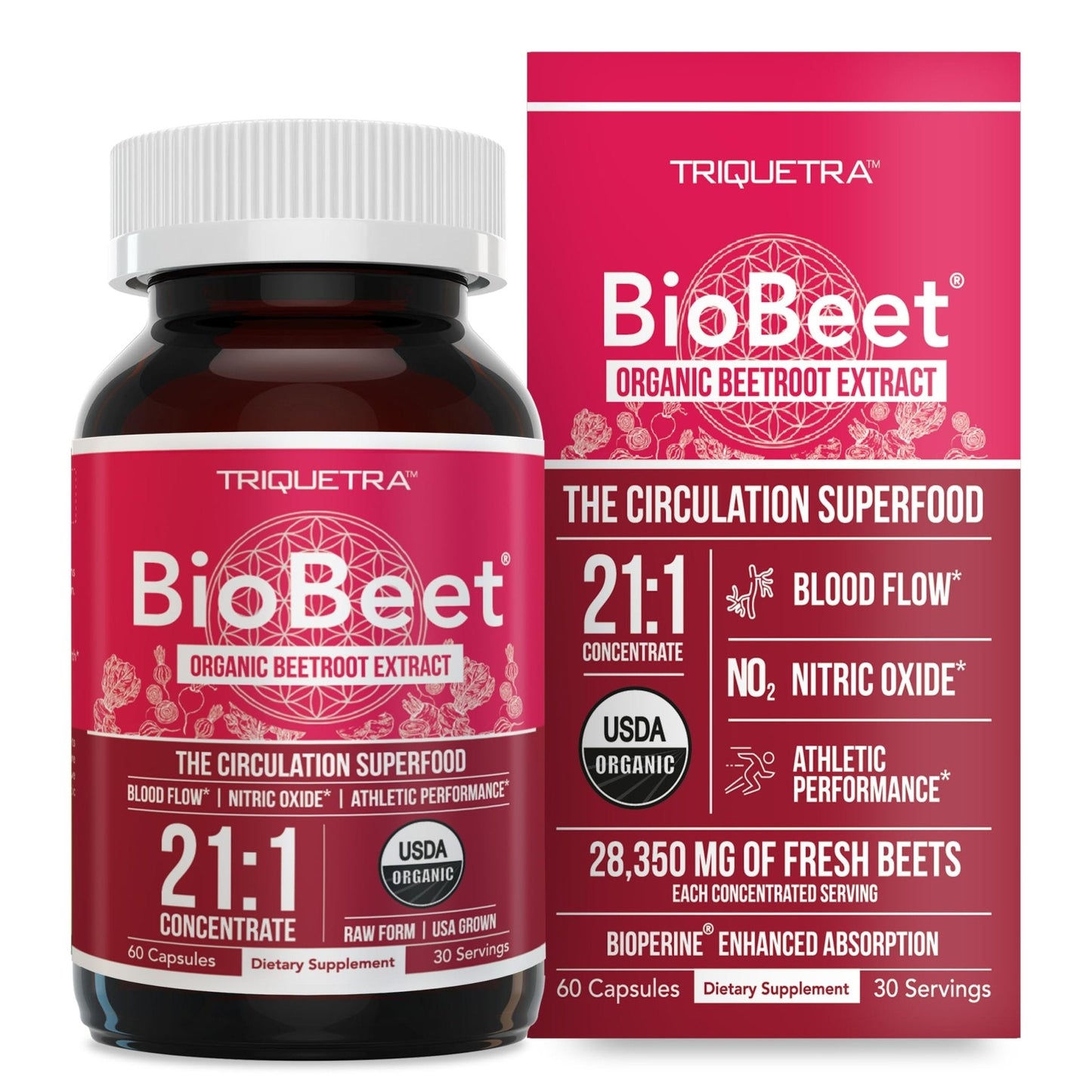 BioBeet® Max Strength Beet Root Capsules - 21:1 Concentrate, Each Serving Derived from 28,350 mg Organic Beetroot - Absorption Enhancement with BioPerine® Black Pepper Extract (60 Capsules) - PrimeBioHealth - canada supplements