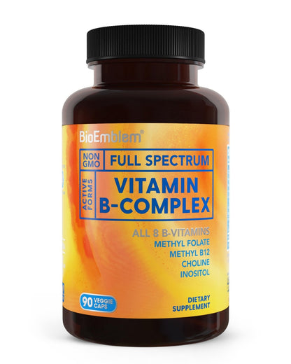 BioEmblem Vitamin B-Complex - All 8 Active Forms with Methyl Folate, Methyl B12, B6, Biotin Plus Choline Inositol, Supports Energy, Metabolism, Brain, Heart Health - PrimeBioHealth - canada supplements