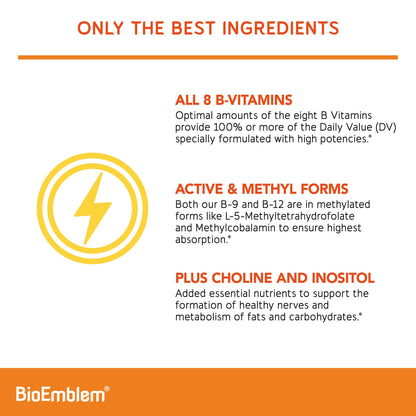 BioEmblem Vitamin B-Complex - All 8 Active Forms with Methyl Folate, Methyl B12, B6, Biotin Plus Choline Inositol, Supports Energy, Metabolism, Brain, Heart Health - PrimeBioHealth - canada supplements