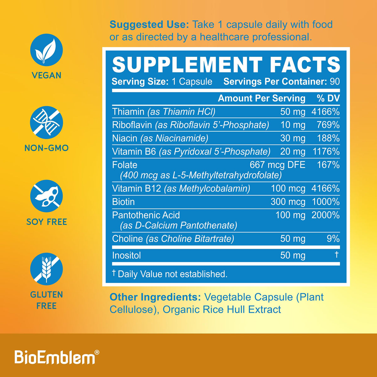 BioEmblem Vitamin B-Complex - All 8 Active Forms with Methyl Folate, Methyl B12, B6, Biotin Plus Choline Inositol, Supports Energy, Metabolism, Brain, Heart Health - PrimeBioHealth - canada supplements
