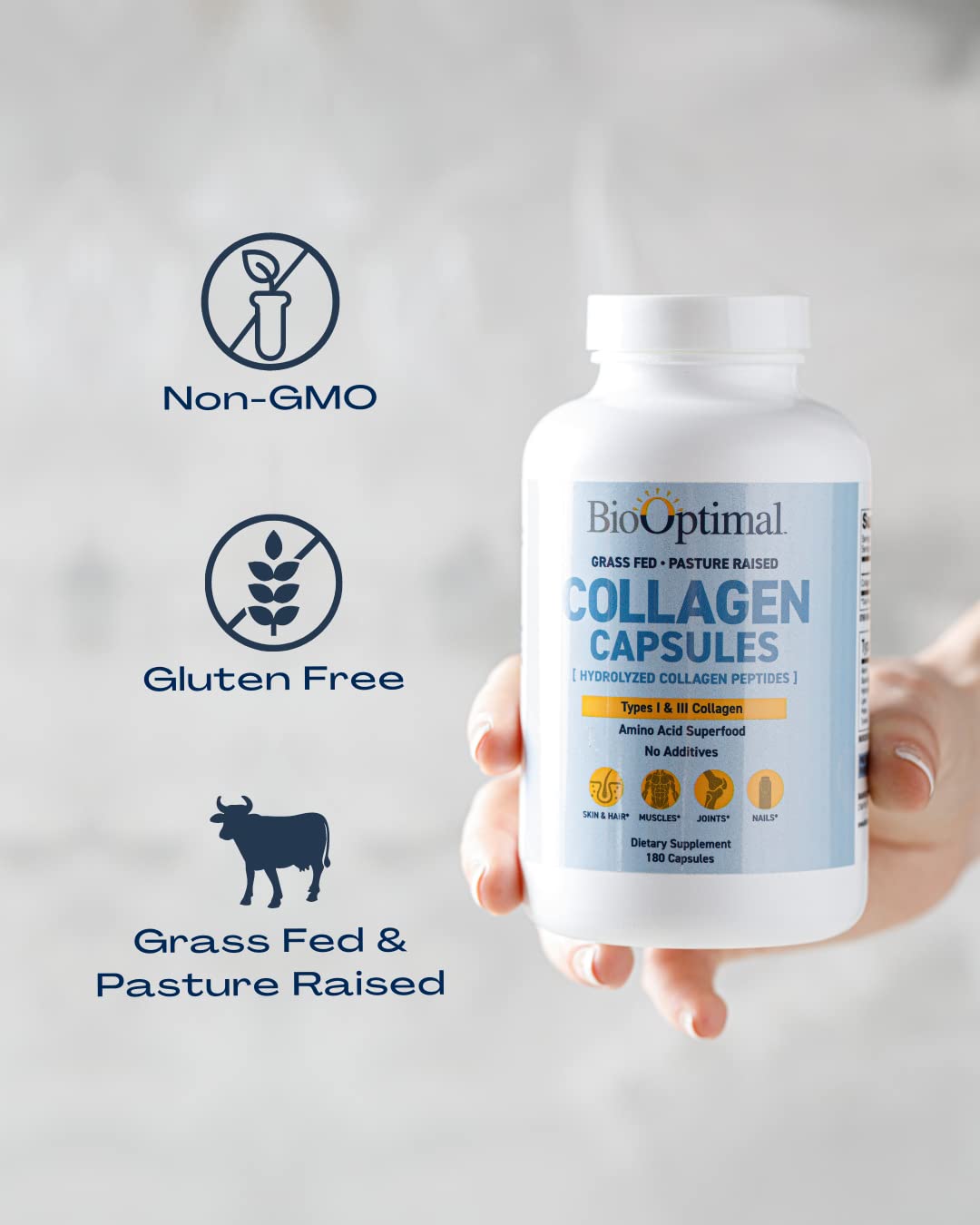 BioOptimal Collagen Peptides Capsules - Grass-Fed, Pasture-Raised Hydrolyzed Protein S]n-GMO, Zero Sugar Daily Pills for Men & Women (180 Capsules) - PrimeBioHealth - canada supplements