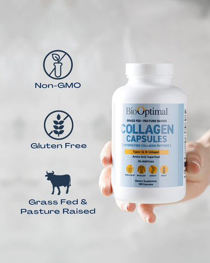 BioOptimal Collagen Peptides Capsules - Grass-Fed, Pasture-Raised Hydrolyzed Protein S]n-GMO, Zero Sugar Daily Pills for Men & Women (180 Capsules) - PrimeBioHealth - canada supplements