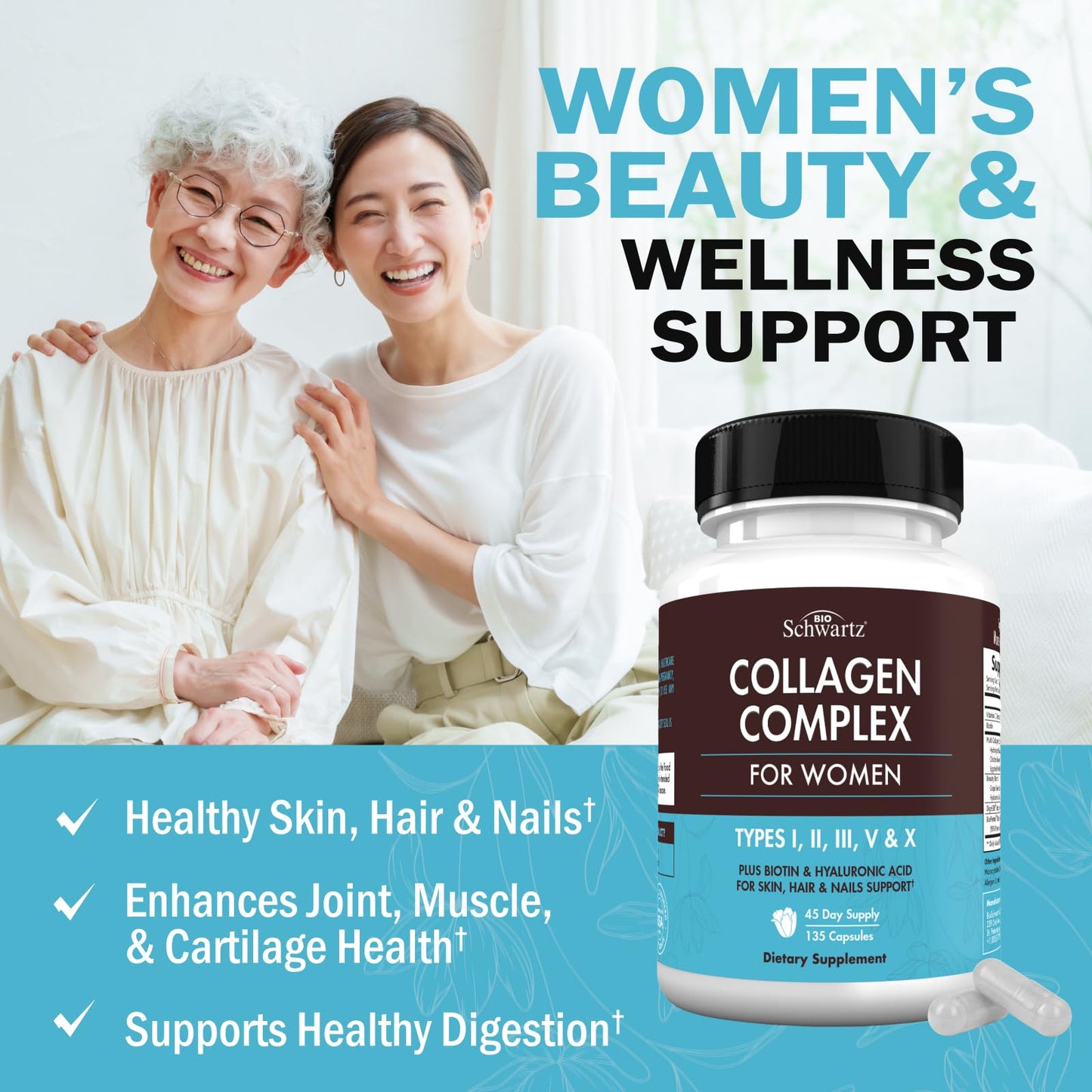 BioSchwartz Hydrolyzed Collagen Peptide Capsules - Multi Collagen Supplements for Women Types I, II, III, V, X with Vitamin C, Biotin, - PrimeBioHealth - canada supplements