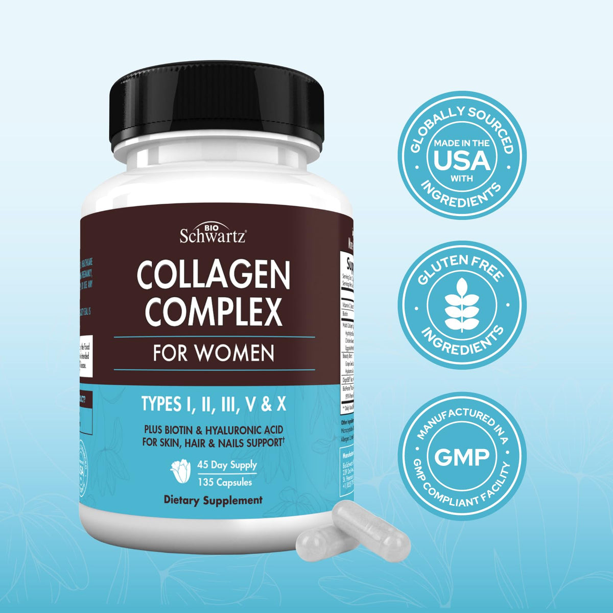 BioSchwartz Hydrolyzed Collagen Peptide Capsules - Multi Collagen Supplements for Women Types I, II, III, V, X with Vitamin C, Biotin, - PrimeBioHealth - canada supplements