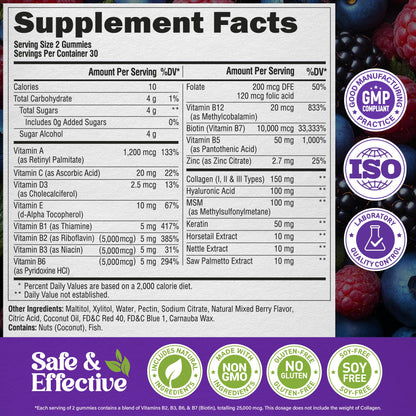 Biotin Gummies with Collagen - Hair Growth Support Skin, & Nail Strength - for Women & Men - Biotin 10000mcg | Keratin | Hyaluronic Acid | B-Complex | Saw Palmetto - PrimeBioHealth - canada supplements
