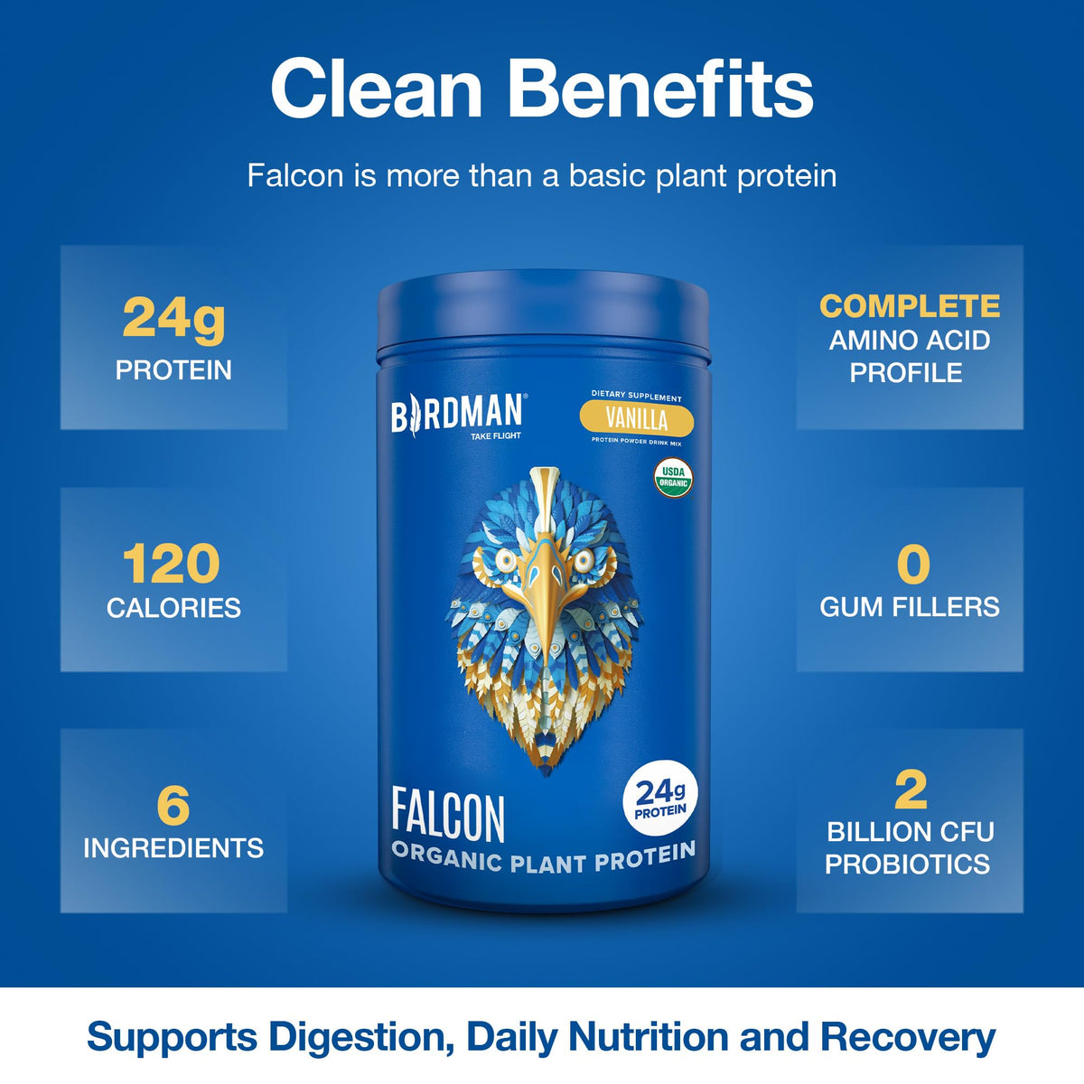 BIRDMAN Falcon Organic Vegan Protein Powder Vanilla, 24g Protein, Sugar Free, Probiotics, Low Carb, Keto Friendly, Dairy Free, Lactose Free, Non Whey - PrimeBioHealth - canada supplements