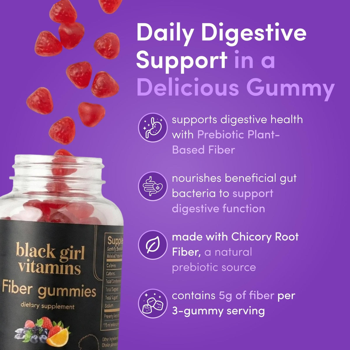Black Girl Vitamins - Fiber Gummies - Prebiotic for Gut Health & Bloat Relief - Supports Digestion, Regularity & Microbiome Balance - Vegan, Gluten-Free, Halal - PrimeBioHealth - canada supplements