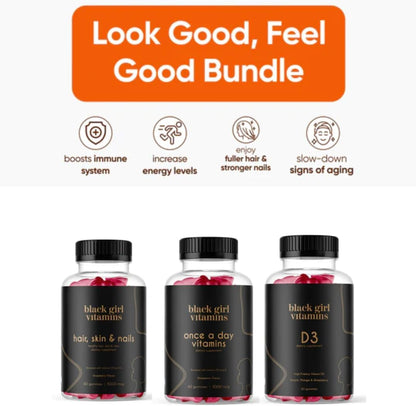 Black Girl Vitamins Look Good Feel Good Bundle – Hair Skin & Nails, Vitamin D3 2000IU & Once a Day Multivitamin - Women's Supplement Bundle - PrimeBioHealth - canada supplements