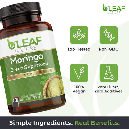 B'Leaf Nature Moringa Capsules Organic 1000mg — Pure Moringa Oleifera Leaf Powder Capsules for Energy & Immune Support - PrimeBioHealth - canada supplements
