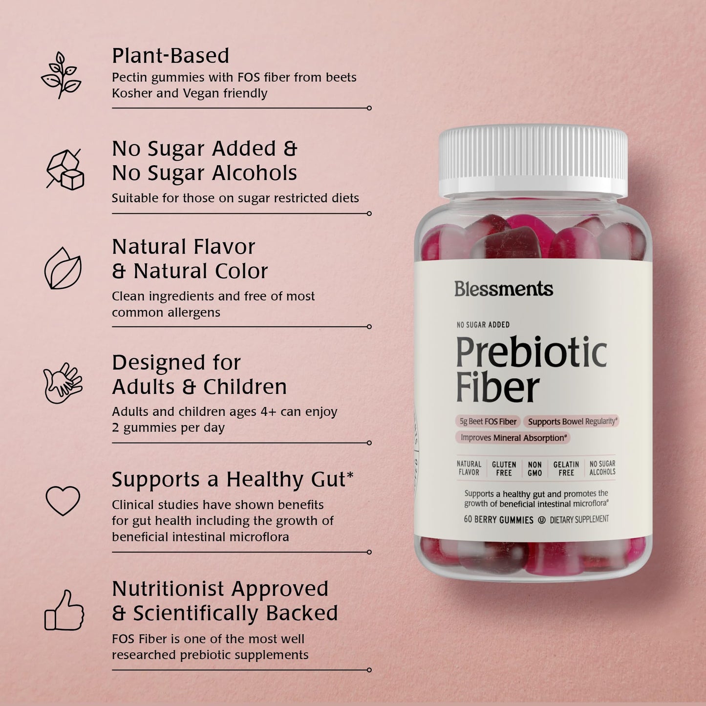 Blessments - Prebiotic Fiber Gummies for Adults & Kids with No Added Sugar- 5g (60 Count-2 Pack) High Fiber Supplement Gummies - Vegan - Keto Friendly - PrimeBioHealth - canada supplements