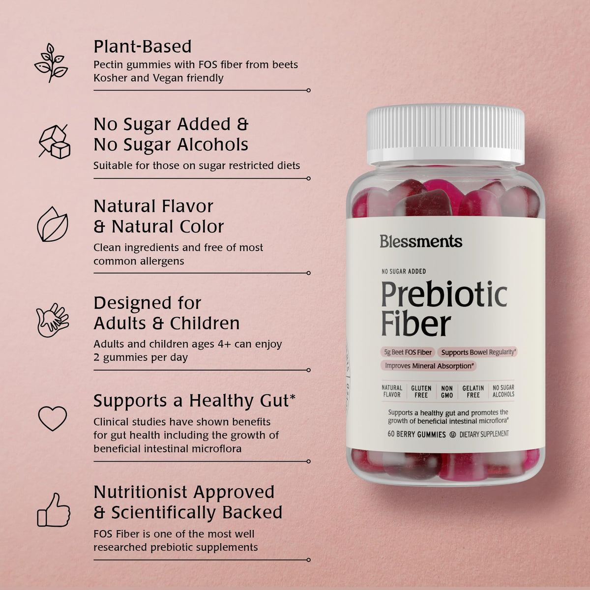 Blessments - Prebiotic Fiber Gummies for Adults & Kids with No Added Sugar- 5g (60 Count-2 Pack) High Fiber Supplement Gummies - Vegan - Keto Friendly - PrimeBioHealth - canada supplements
